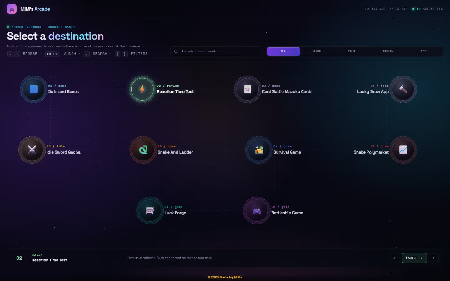 Arcade desktop: Select a destination over a grid of game nodes on dark purple