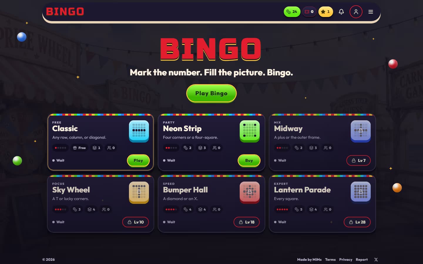 Bingo desktop: red BINGO title, green Play button, six dark hall cards on black