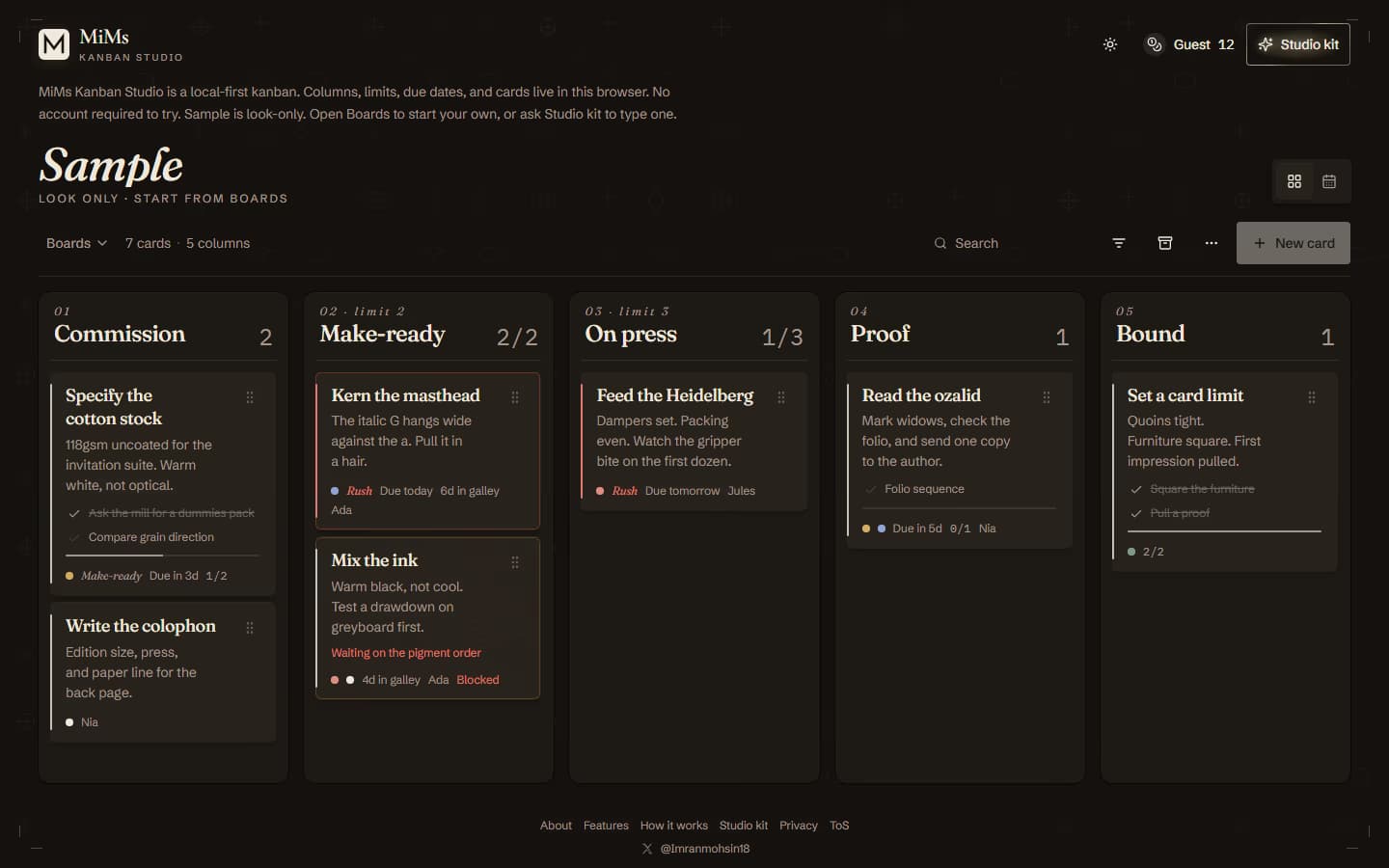Kanban Studio: Sample board with Commission, Make-ready, On press, Proof, and Bound columns
