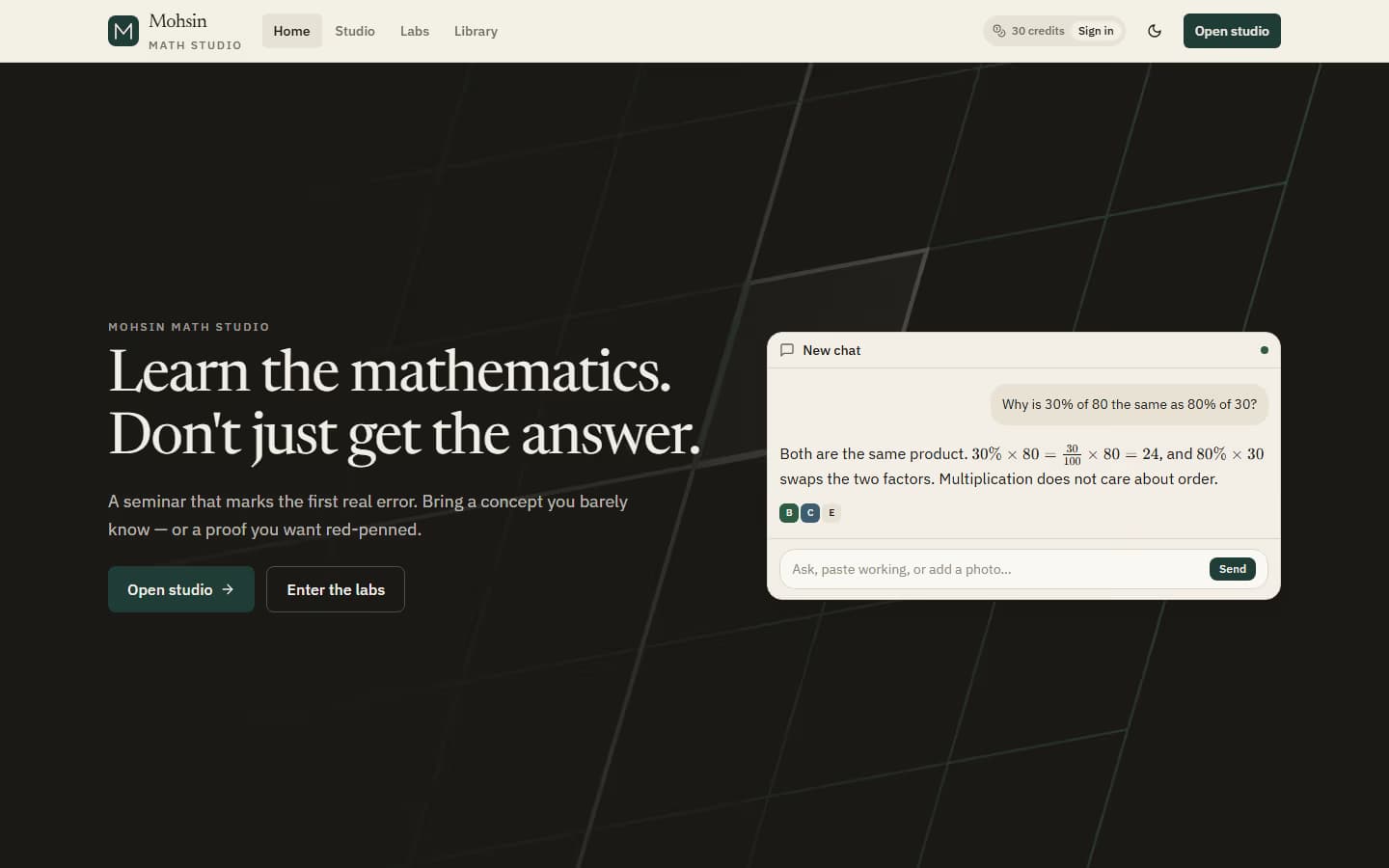 Math Studio desktop: Learn the mathematics headline, cream New chat card on a dark grid